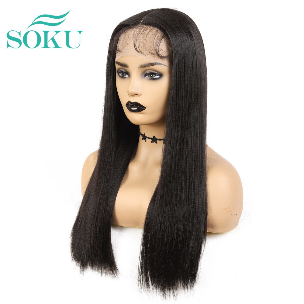 SOKU-perruque noire synthétique longue et lisse avec raie centrale, cheveux naturels en Fiber résistante à la chaleur, pour femmes noires
