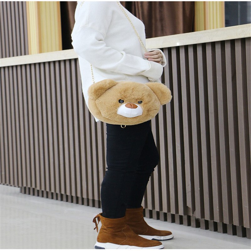 Kawaii Dual-Gebruik Functie Handtas Vrouwen Pluche Beer Hoofd Zachte Pop Speelgoed Keten Schoudertas Crossbody Tas Bolsos Mujer De marca Famosa