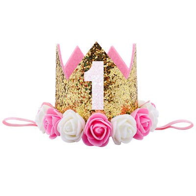 Blød behagelig sød børn baby 1st fødselsdag hat glitter krone blomst hoved hårbånd fest hovedbeklædning fotoskud prop: Guld 1