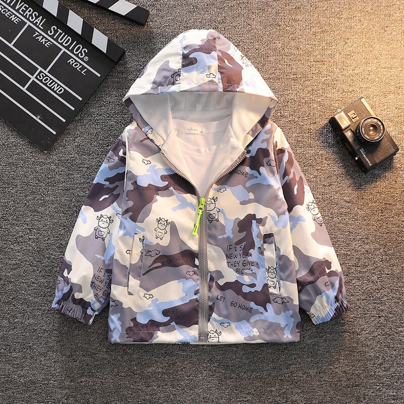 2-8T Sports Boys Spring Fall Camouflage Polyester Zipper Layer Jacket Casual Windbreaker Boy Handsome Hooded Windproof Coat: Blue / 3T