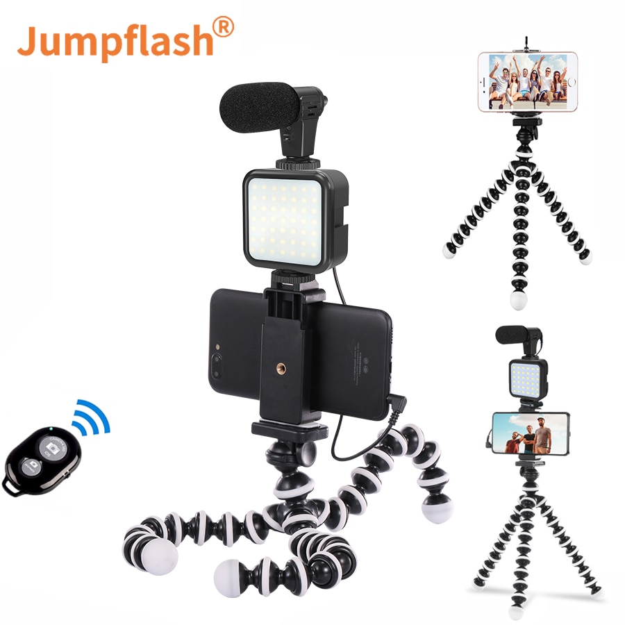 Jumpflash Vlog Selfie Flexible Tripod with Remote Control Microphone LED Light Holder for Smartphone & Motion Camera Tripod