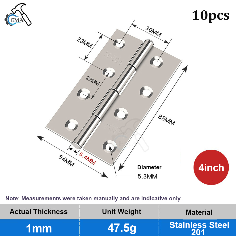 Bisagra de puerta de 4 pulgadas, bisagras planas de acero inoxidable, bisagras para ventana, gabinete, conector de puerta, estantería, caja de madera, muebles, 6/10 Uds.: Plata