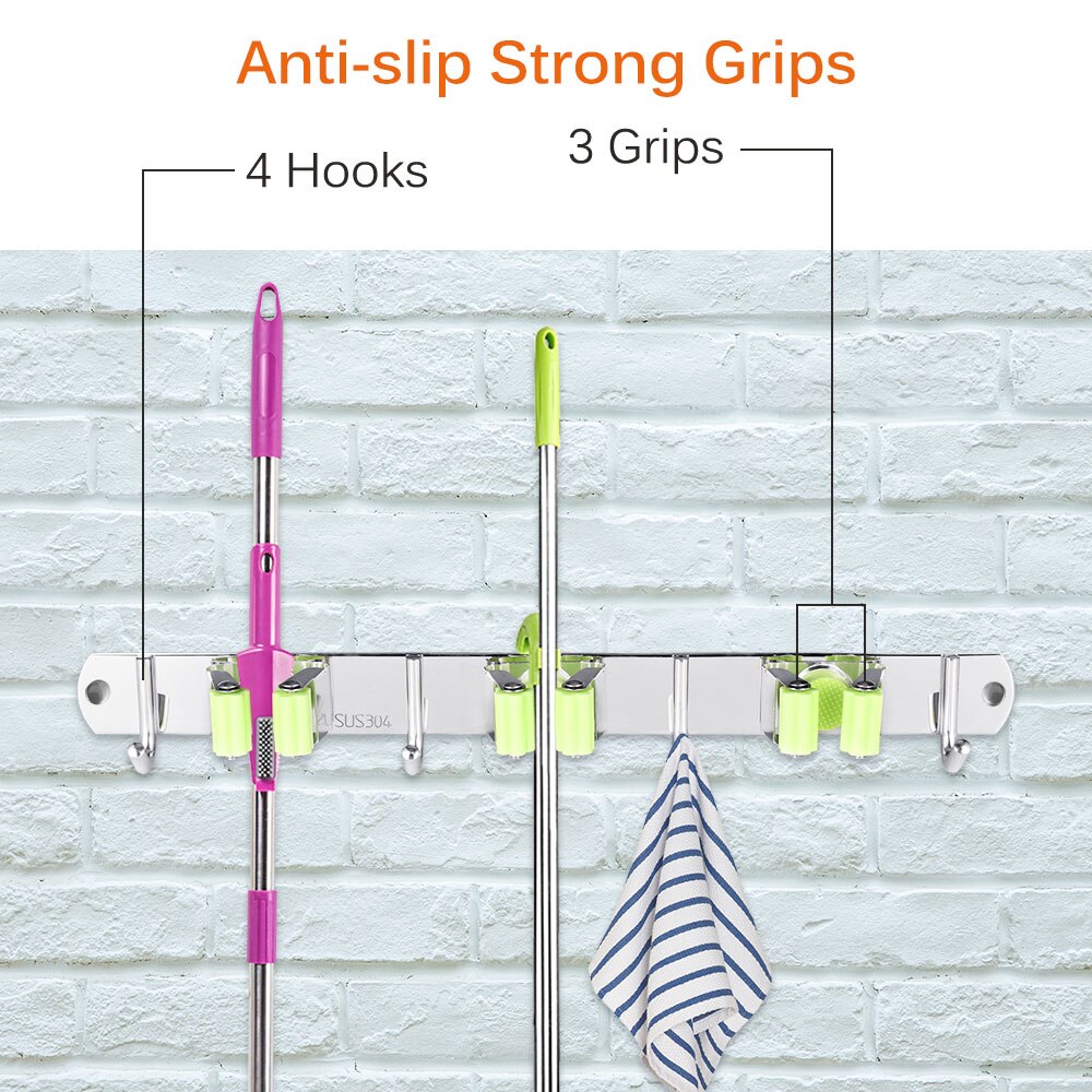 Broom Mop Holder Wall Mount Organizer Stainless Steel Heavy Duty Tools Hanger 3 Racks 4 Hooks Kitchen Bathroom Closet Garage