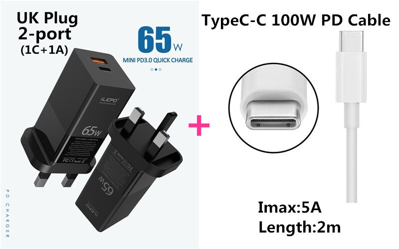 65W GaN USB C PD MagSaf* Power Adapter 2-Ports Fast Smart Mobile Phone Quick Charger For Laptop Macbook iphone Xiaomi Huawei: UK With TypeC Cable