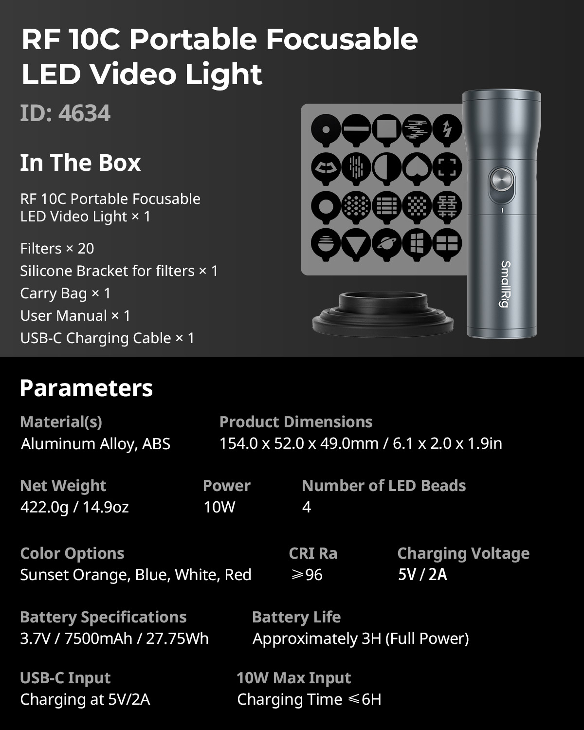 SmallRig-Lampe vidéo LED portable focalisable RF 10C, plus de 20 livres de lumière, perles LED quatre couleurs, luminosité réglable-4634: Default Title