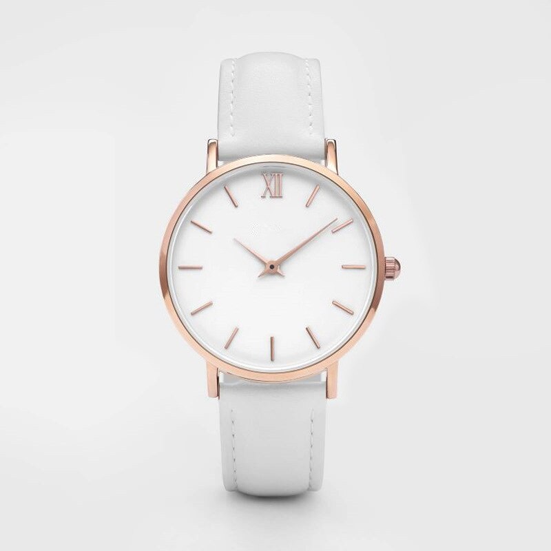 Simple Women Watch Roman Scale Rose Gold Round Dial Women's Watches Belt Female Clock Wrist Watch Relogio Feminino saati: White