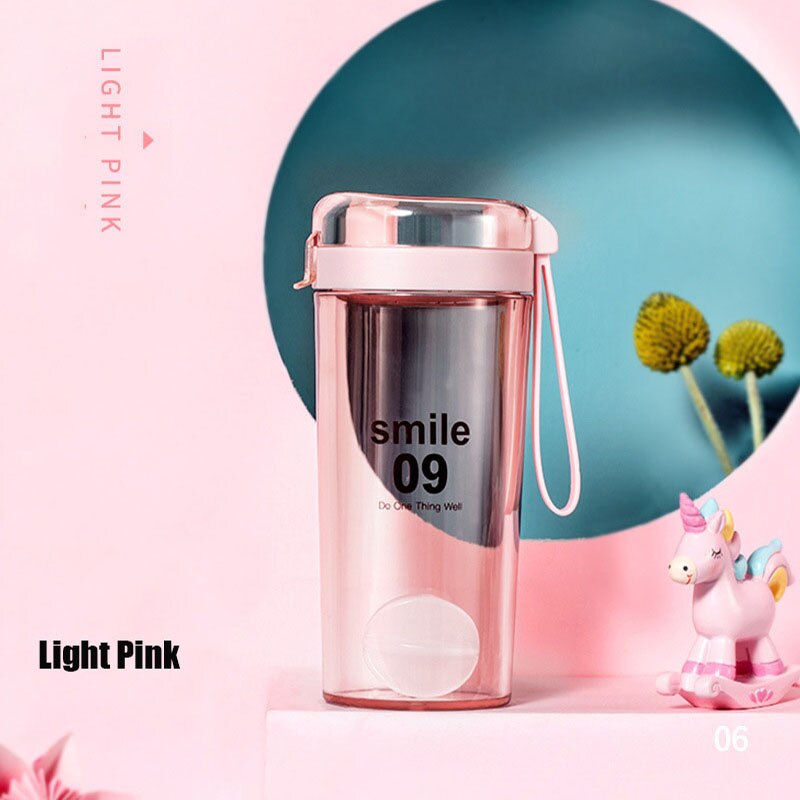 Sport Water Bottle Plastic Tumble Gym Leak-Proof Coffe Cup Drinkware Protable Transparet Bottle: Light pink