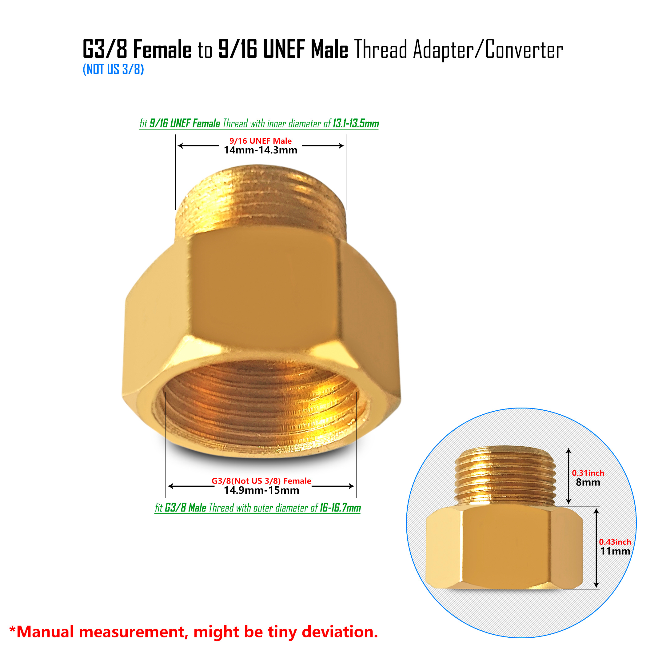 G1/2 to G3/8, 9/16-24 UNEF, 1/2 NPT Reducer Pipe Fittings Brass or Stainless Steel Threaded Water Hose Adapter Male Female: 125*90mm / Brown