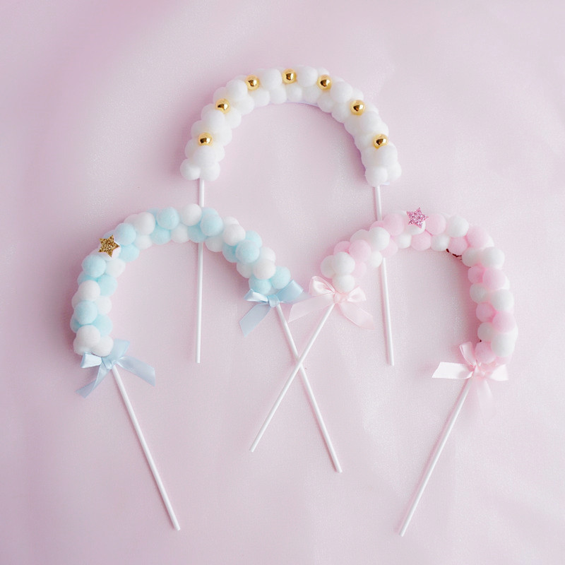 Banderas coloridas para decoración de tartas, bola peluda, adornos para magdalenas de boda y cumpleaños, decoración para tarta para de bienvenida al bebé, bricolaje