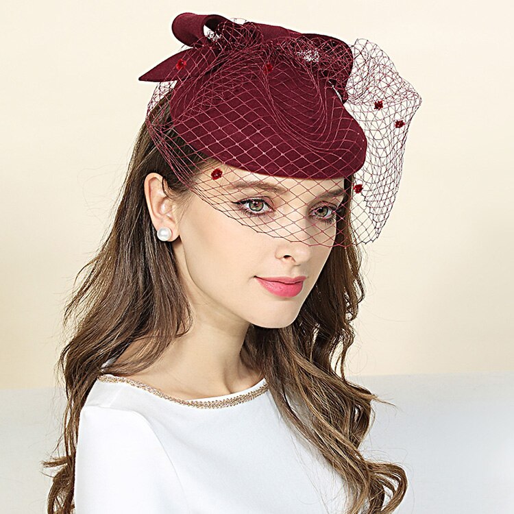 Kvinnelige fedoras hattemaker ull caps dame vinter varm slør lokk britisk stil fest fedoras lue kvinnelig brud hodeplagg ull lue b -8844: misligholde tittel
