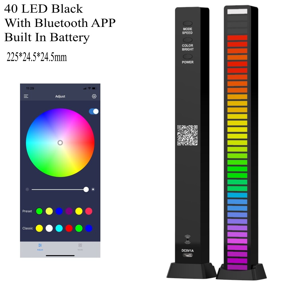 3D 40LED Voice APP Control Stereo Music Spectrum LED Light Audio Level Indicator Amplifier VU Meter Car Player Atmosphere Lamps: 40 Black Battery