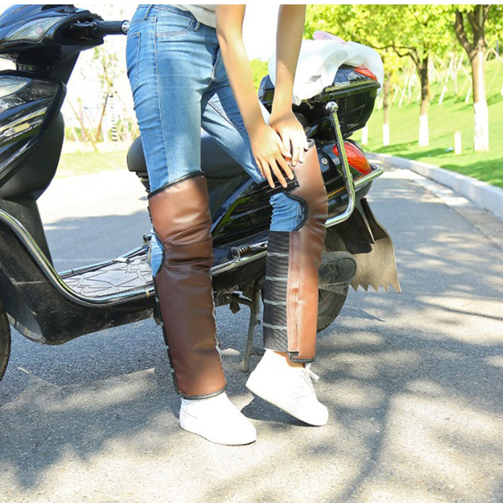 PU Leather Half Chaps Motorcycle Protective Knee Pad With Reflective Strip Thick Ski Knee Protector Waterproof Leg Warmer Moto