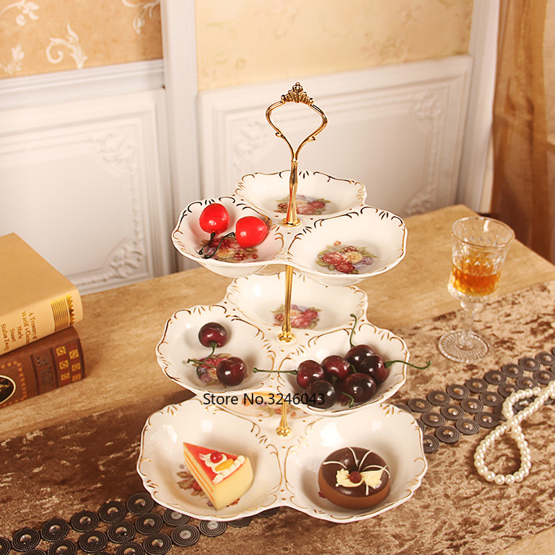 Assiette de fruits à trois étages | Céramique de style européen salon plateau de gâteaux après-midi plateau de thé, assiette de fruits secs 1 pièce