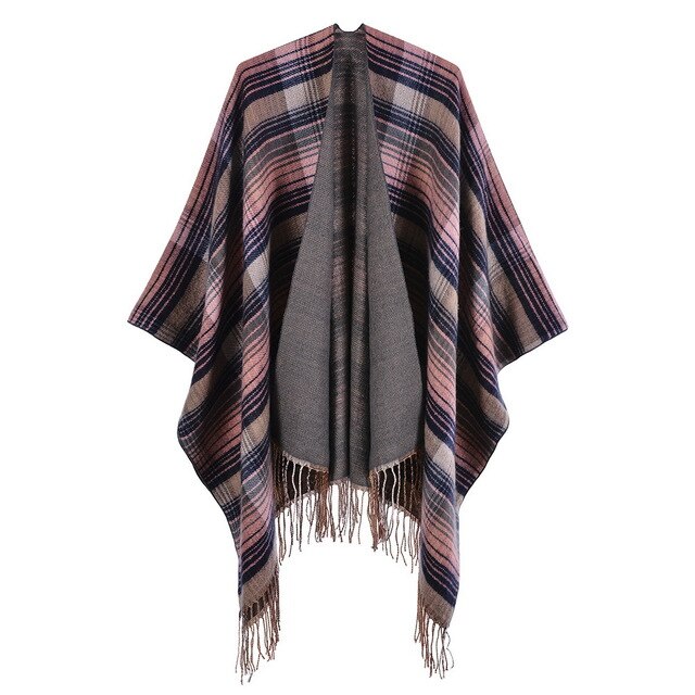 Schotse Klassieke Kleur Herfst Winter Plaid Cape Cape Met Kasjmier Kwastje En Warm Split Vrouwen Sjaal: pink navy blue