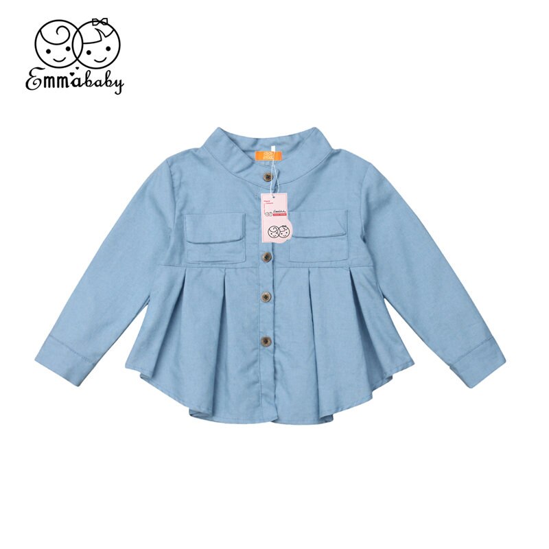 Stylish Girls Blouse Kids Autumn Solid Blue Long Sleeve Ruffles Button Denim Shirt Princess Children Girl Top 3-12T: 11T
