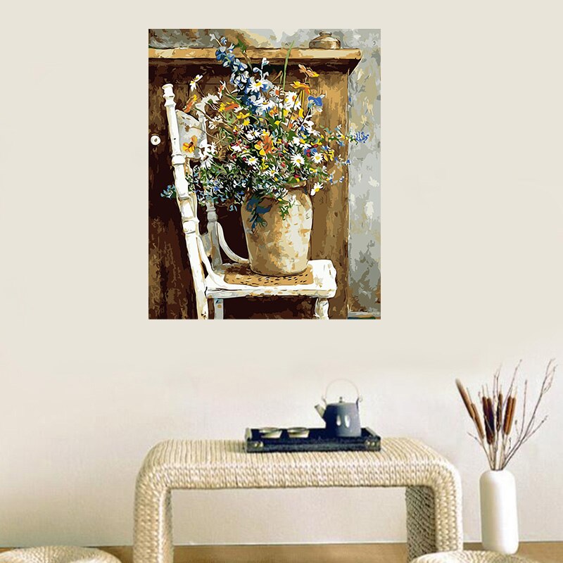 Måla med siffror gör-det-själv målarkit i akryl för barn och vuxna 40 x 45cm vilda blommor krukor stol med 3 penslar