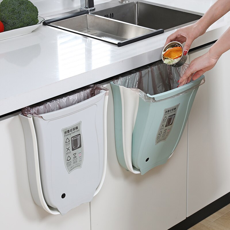 Folding Waste Bins Wall Mounted Foldable Trash Bin Kitchen Cabinet Door Hanging Storage Bucket Trashcan For Bathroom Kitchen