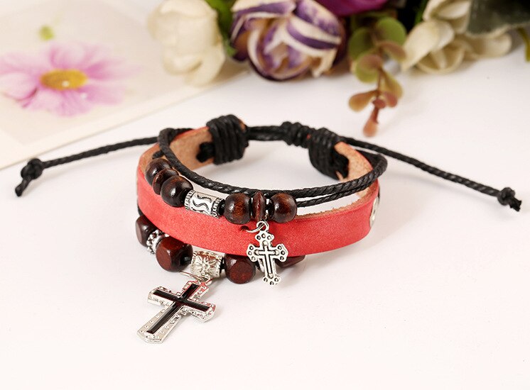 4 Layers Charm Bracelet for Women Men Leather Rope String Beads Jesus Christ Cross Jewelry 17cm Adjustable Handmade: red