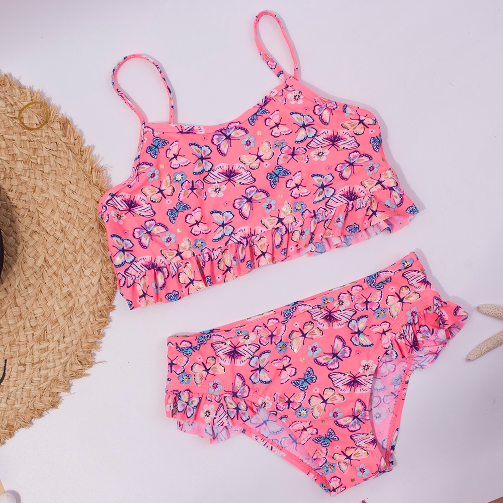Flounce Girl Swimsuit Kids Butterfly Print Girl Bikini Set Two Piece Children's Swimwear 2-8 Years Girls Bathing Suit Beachwear