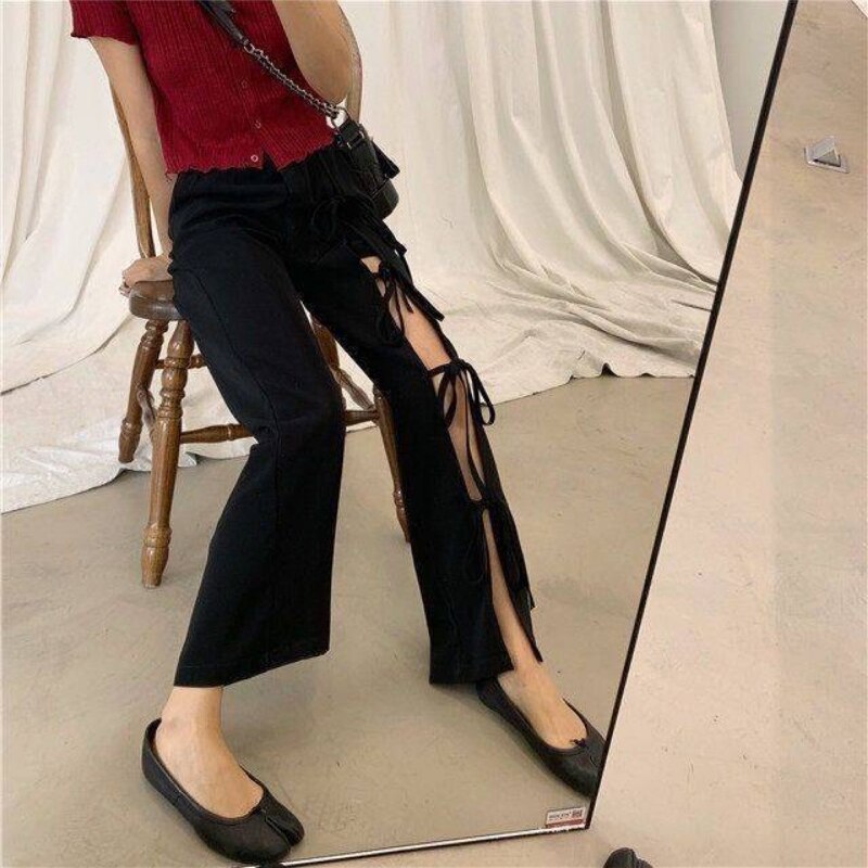 Holle Wijde Pijpen Broek Casual Broek Vrouwen Zomer Stijl Boog-Knoop Persoonlijkheid Split Veters Hoge Taille Broek streetwear Broek