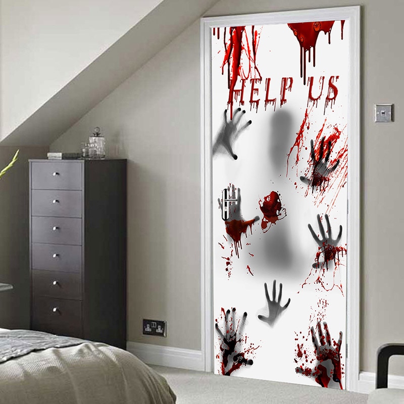 Halloween Door Sticker Bloody Hand Foot Print Stickers Self-adhesive Scary Room Art Decor Party Wall Decal Floor Door Decor