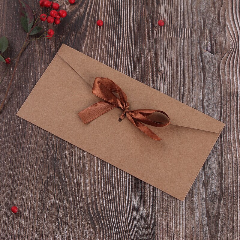 Bowknot Ribbon Pearl Paper Card Envelopes Large Kraft Envelopes for Wedding Invitation Postcard Cards 1PC: brown L 20x11cm