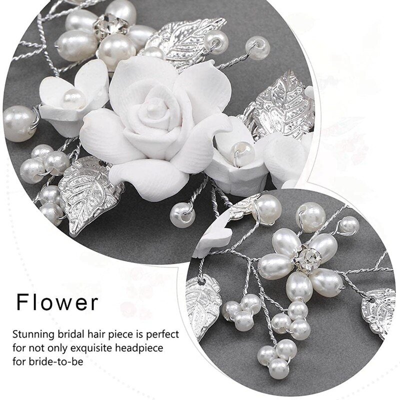 Flower Bride Wedding Hair Vine Silver Pearl Hair Accessories Bridal Headband Headpiece for Women and Girls