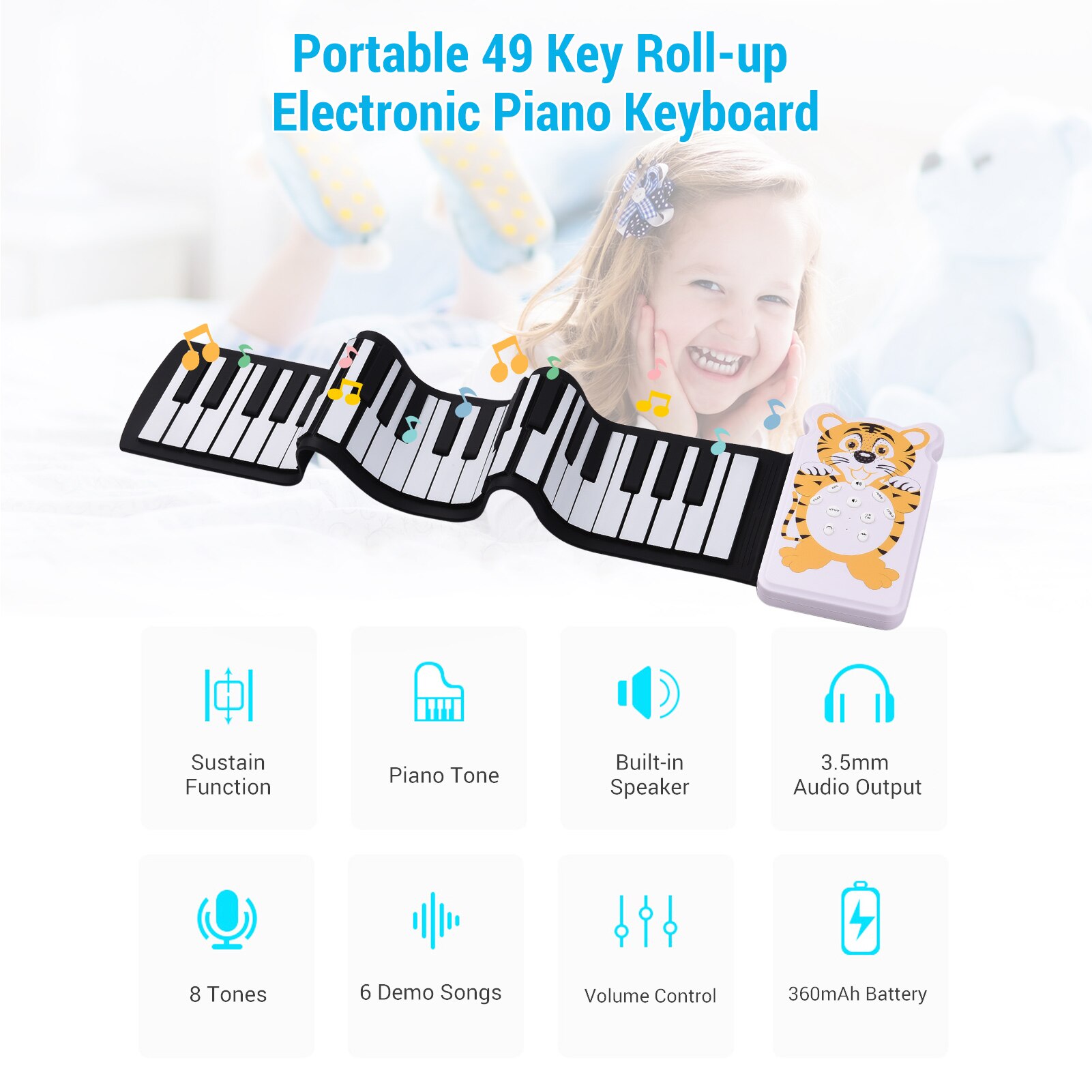 49-key Roll-up Electronic Piano 8 Tones 6 Demos Record Funtion Built-in Speaker with Echo Sustain Trill Effect 3.5mm Output