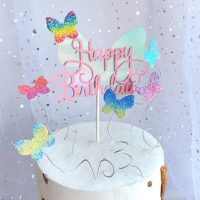 Pink Gold Butterflies Happy Birthday Cake Topper for Children’s Day Cake Topper Baby Shower Party Cake Decoration