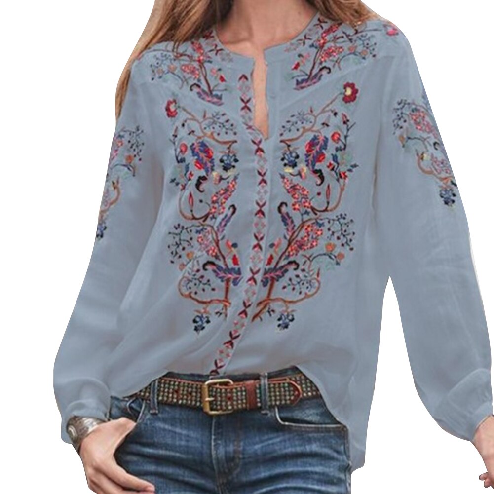 Crew Neck Losse Dames Vrouwen Blouse Tops Party Vrouwelijke Gedrukt Casual Zomer Lantaarn Mouw Polyester Etnische: Grijs / M