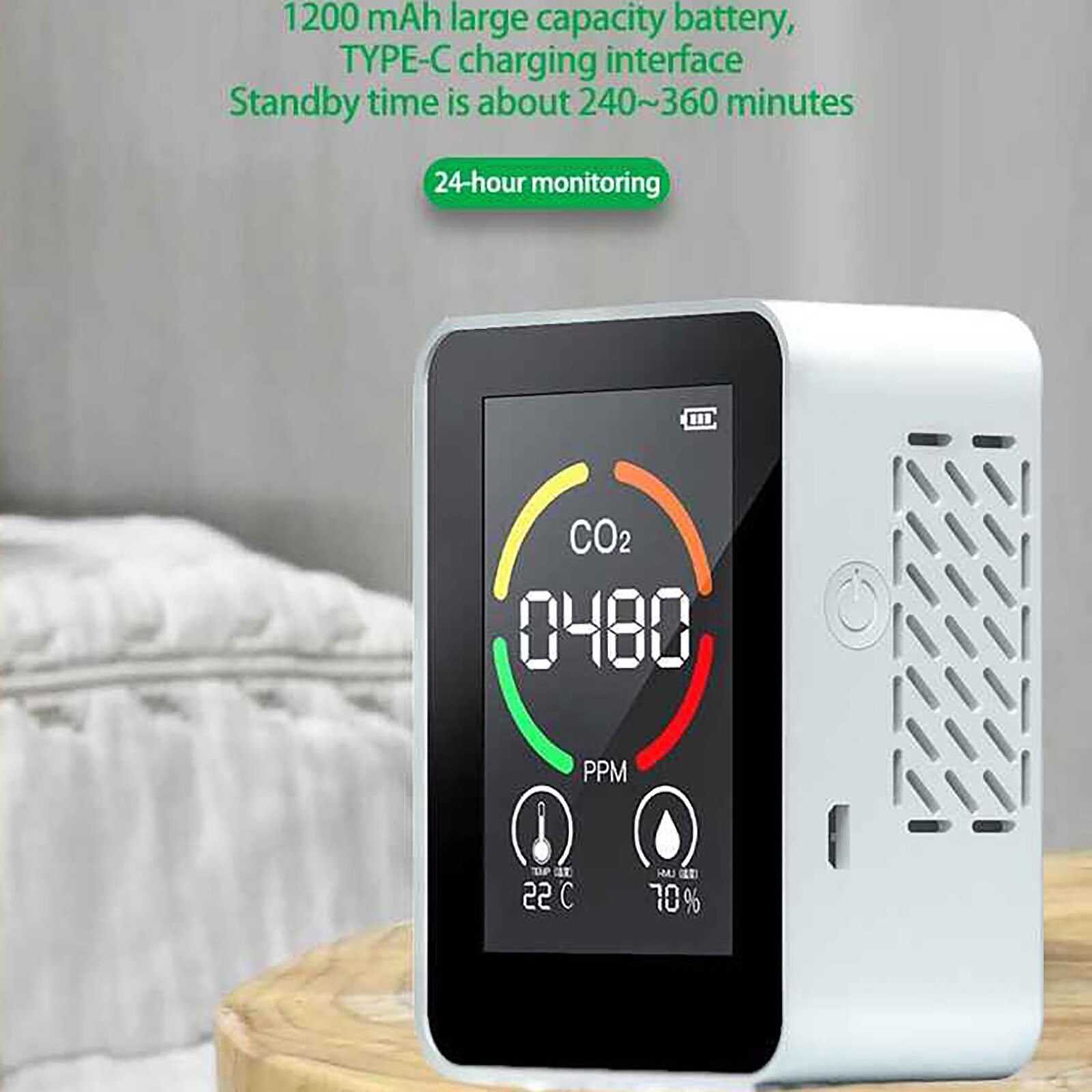 USB Rechargeable CO2 Meter Air Monitor Carbon Dioxide Sensor TVOC Detector Concentration Temperature Humidity Testing