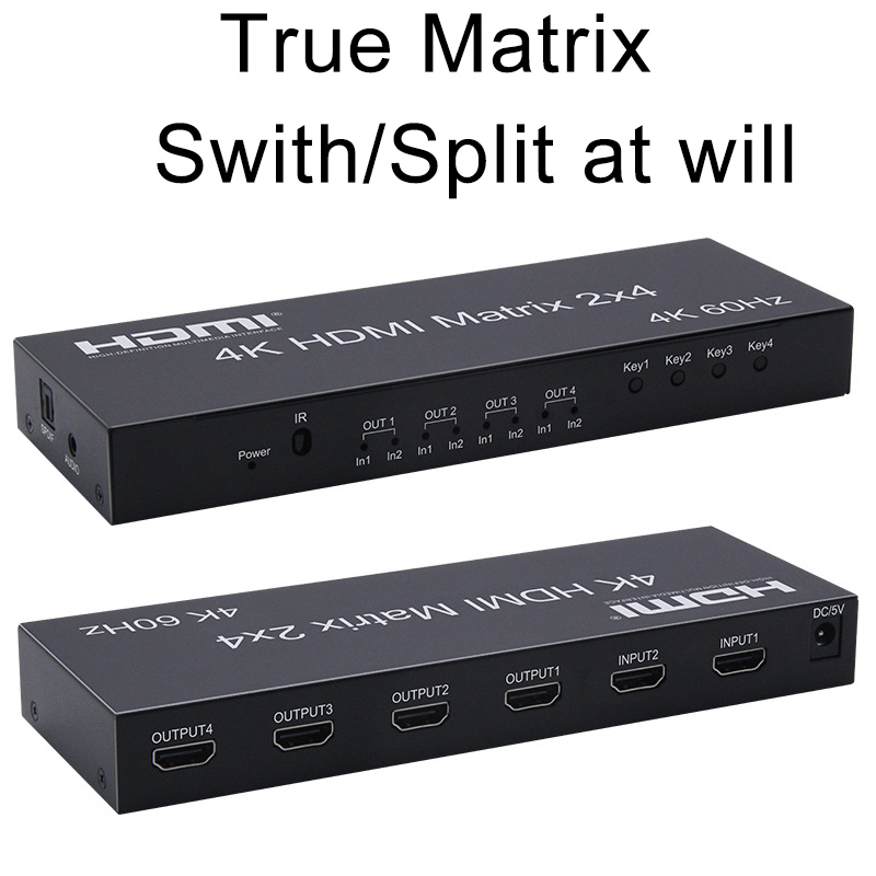 4K@60Hz HDMI Matrix 2x4 Matrix HDMI Switch 2 In 4 Out HDMI Splitter Switcher Audio Extractor PC To 4 TV Screen Monitor Display