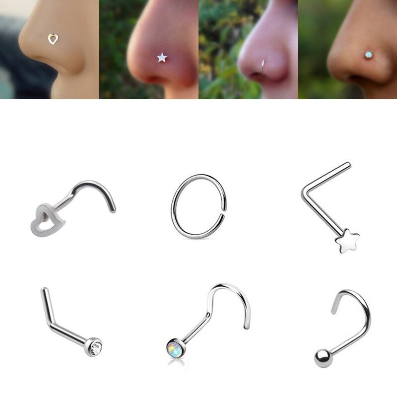 5 Pcs Chirurgisch Staal Hart Ster Zirkoon Neus Schroef Ring L Rose Gold Nose Stud Retainer Houder Piercing Body Sieraden 20G: 6PCS SET