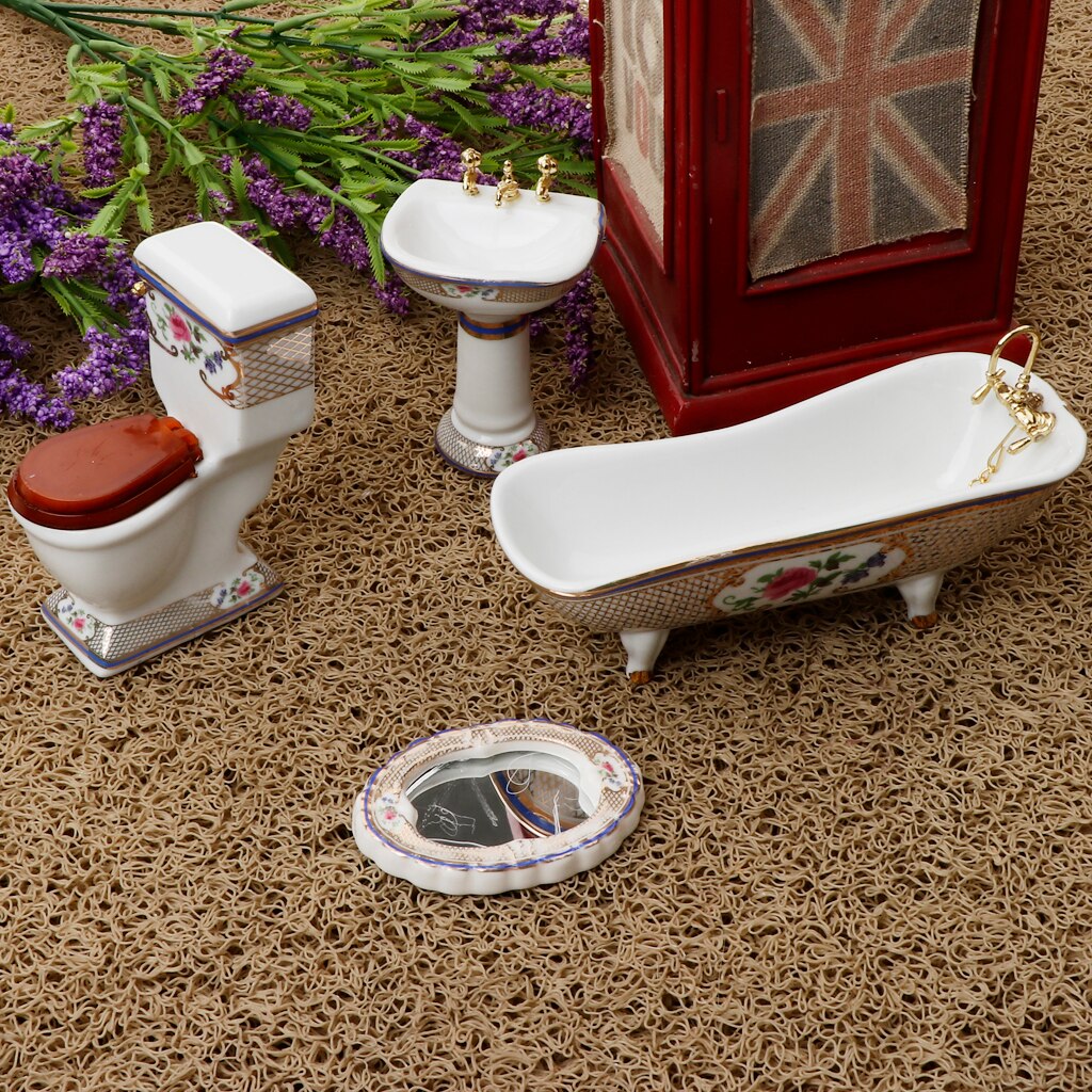 4pcs Bathroom Decor Toilet Bathtub Set Dollhouse Miniature Accessory 1:12 #3