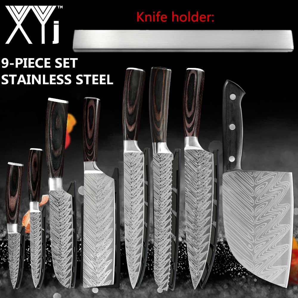 XYj Kitchen Stainless Steel Pro Chef Knives Set Wall Knife Storage Holder Butcher Cleaver Knife Damascus Veins Blade Knifes