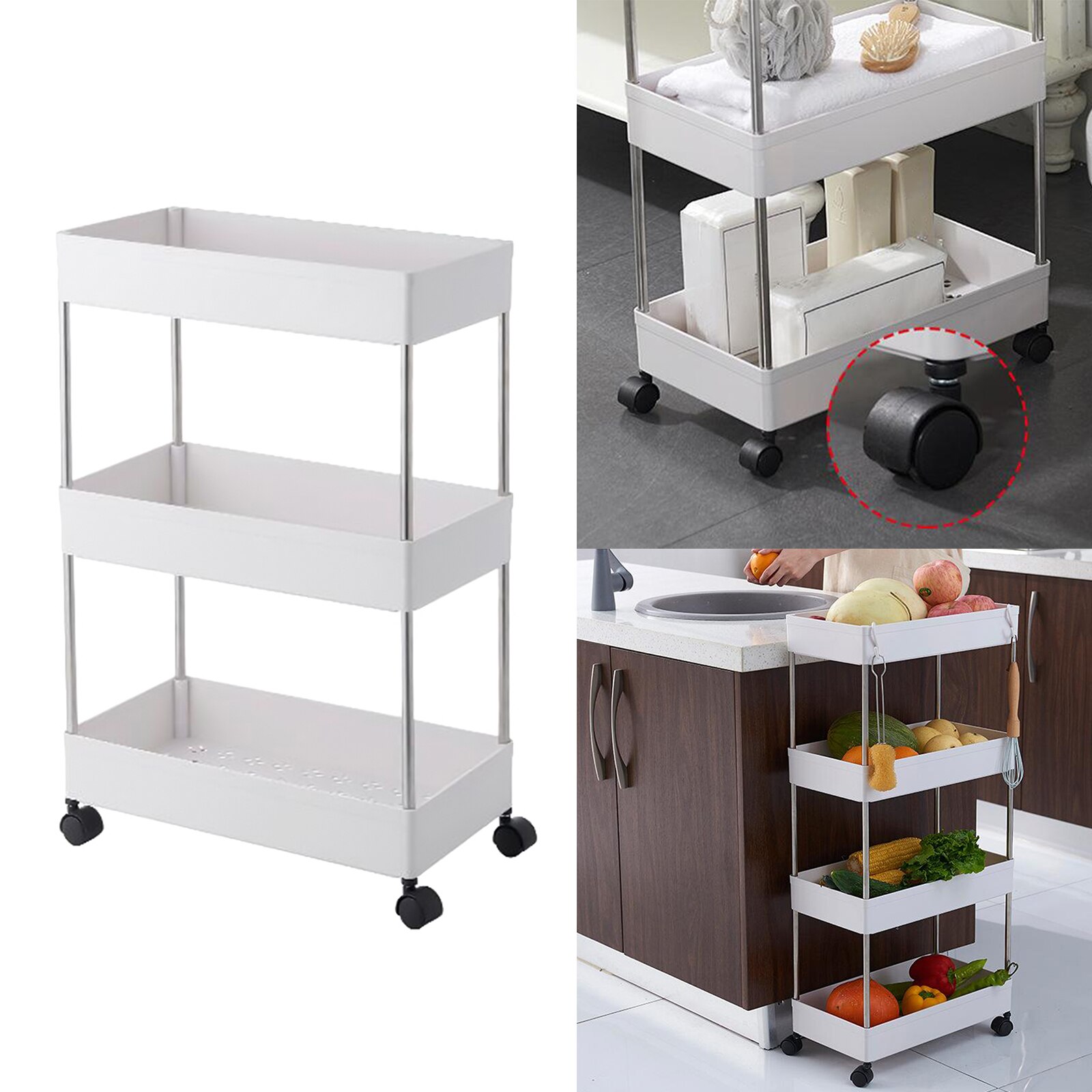 Trolley kitchen rack with wheel mobile floor storage shelf multi-layer bathroom: Narrow 3 Tier