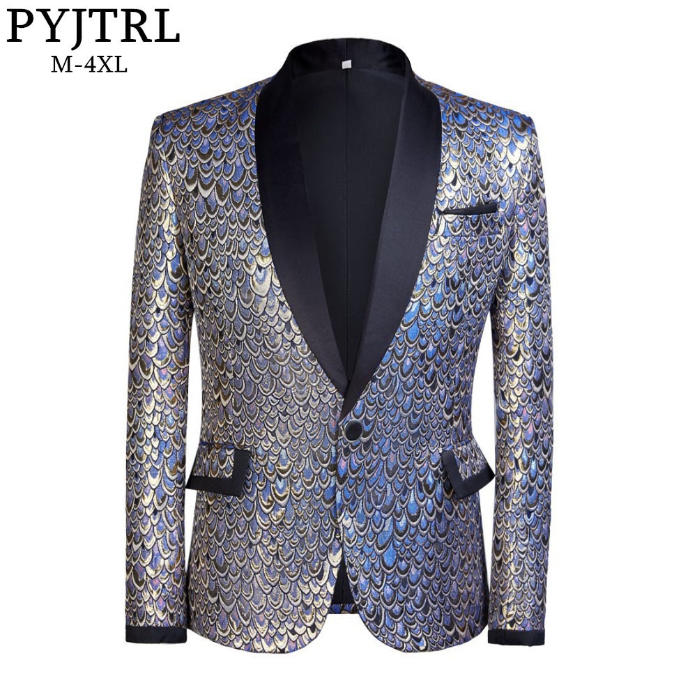 PYJTRL Male Shawl Lapel Gold Blue Jacquard Scale Pattern Slim Fit Blazer Hombre Suit Jacket Men Wedding Groom Singers Costume
