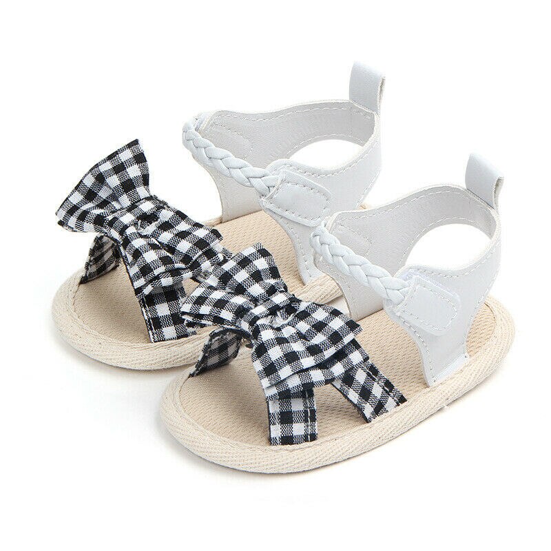 2019 Verão Bebê Recém-nascido Meninas Sandálias Princesa Stripe Bow Sandálias Caminhantes Suave Sole Crib Shoes Infantil Criança: Black / 13-18 meses