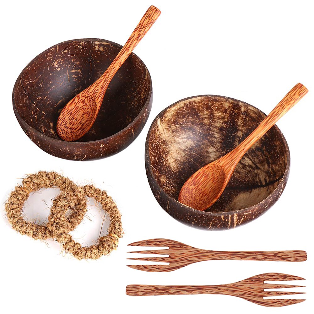 Wooden LeakProof Coconut Bowl Set Big Coconut Bowl Smoothie Cups Natural Coconut Acai Bowl Spoons Home Decoration Crafts