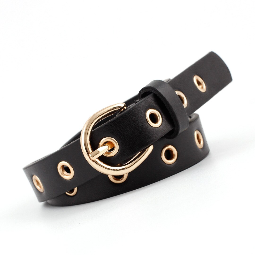 Cinturón de cuero con agujeros de ojal para mujer, cinturón ajustable con ojal fino y estrecho: Black