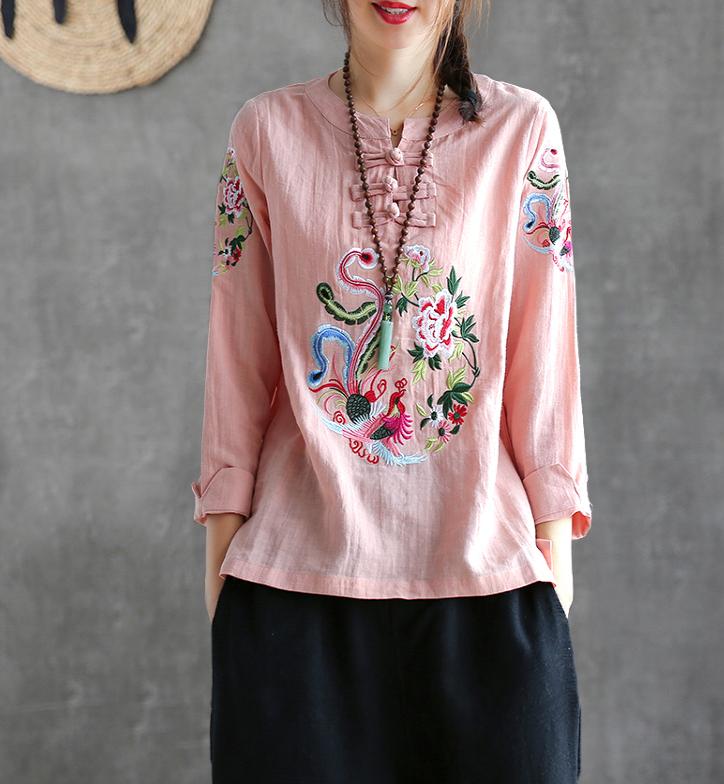 Kinesiske tradisjonelle klær for kvinner cheongsam toppskjorte kvinnelig bomull og lin mandarin krage broderi bluser: Farge 2 / Xl