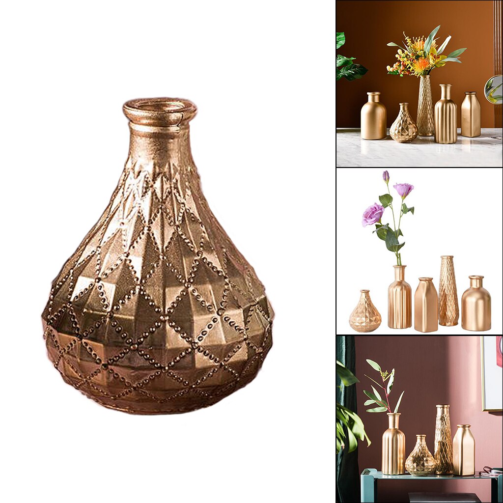European Golden Flower Vase Plant Container Glass Desktop Sculpture Ornament