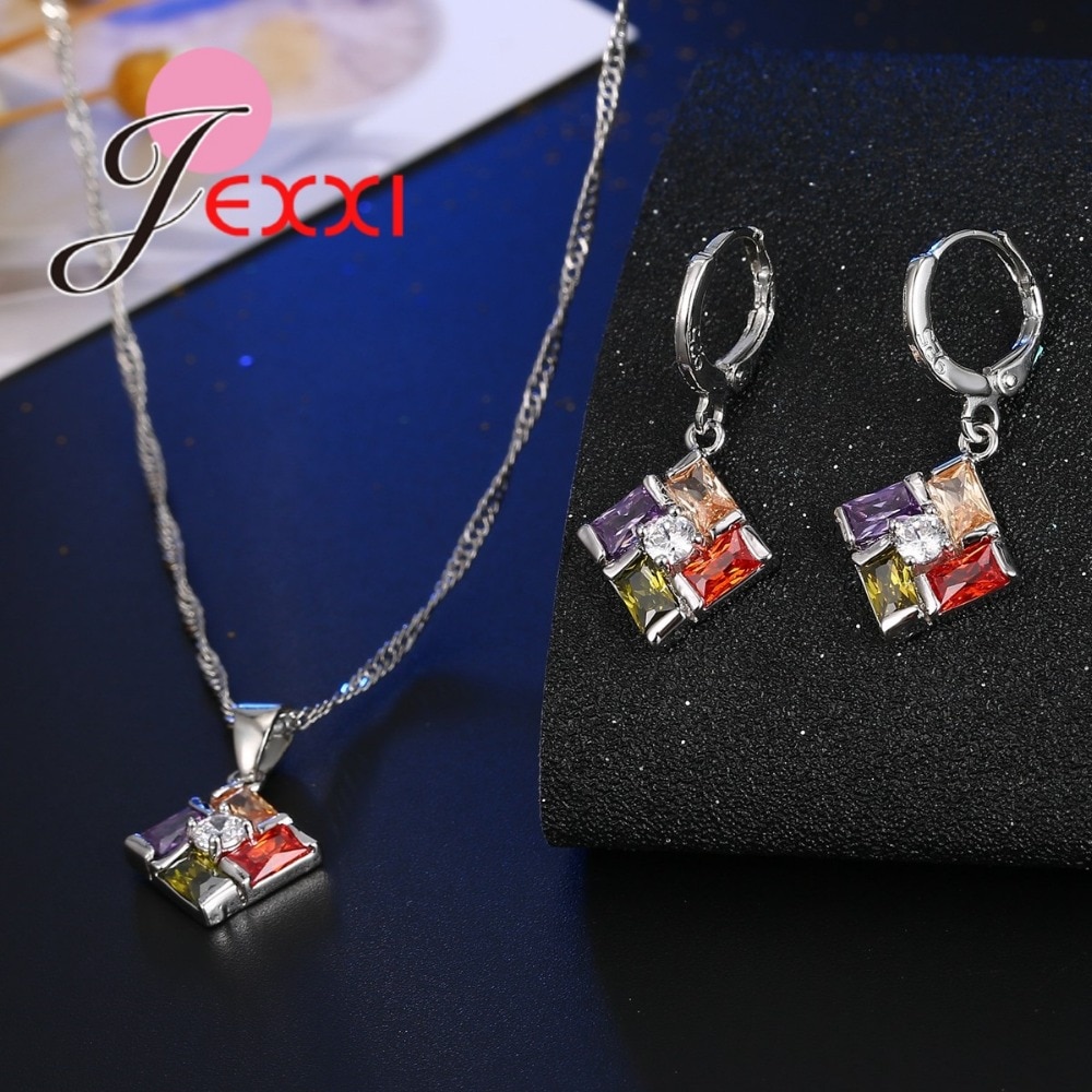 Gorgeous Rainbow CZ Pendente Charm Original 925 Sterling Silver Wedding Jewelry Sets Women Pendant Necklace Hoop Earrings