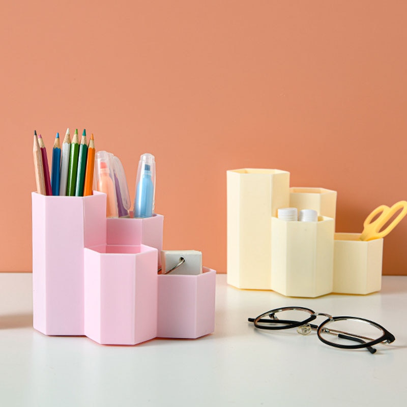 Home Office Pen Holder Storage Box Desk Accessories Stationery Organizer Storage Containers Student Hexagonal Pencil Box