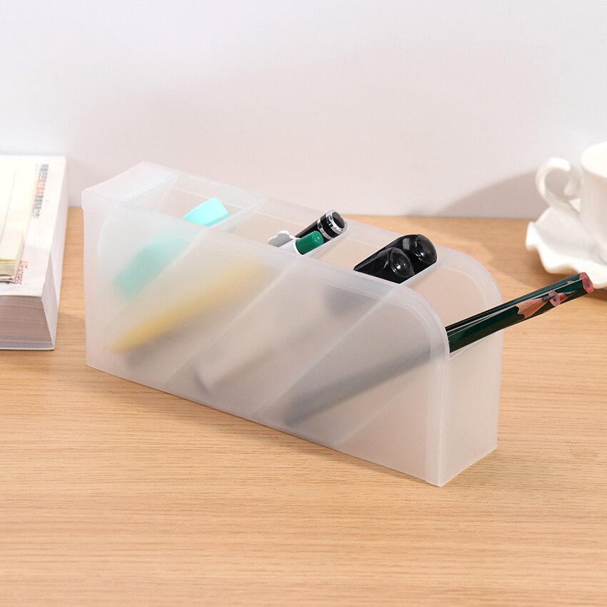 Multi-función 4 rejilla porta pluma de escritorio Oficina escuela almacenamiento caso claro blanco negro plástico caja escritorio pluma lápiz organizador 1PC