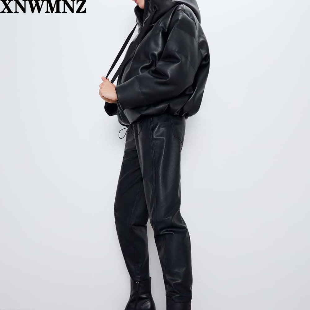 Za dames zwarte bontjas van imitatieleer oversized met rits winterjas met dikke pu-hoodie