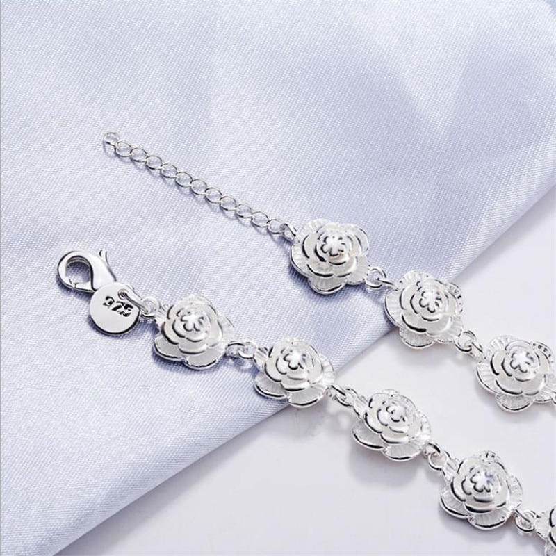 Pulseras de flores de rosa para mujer, joyería de plata de ley 925, mujer Navidad