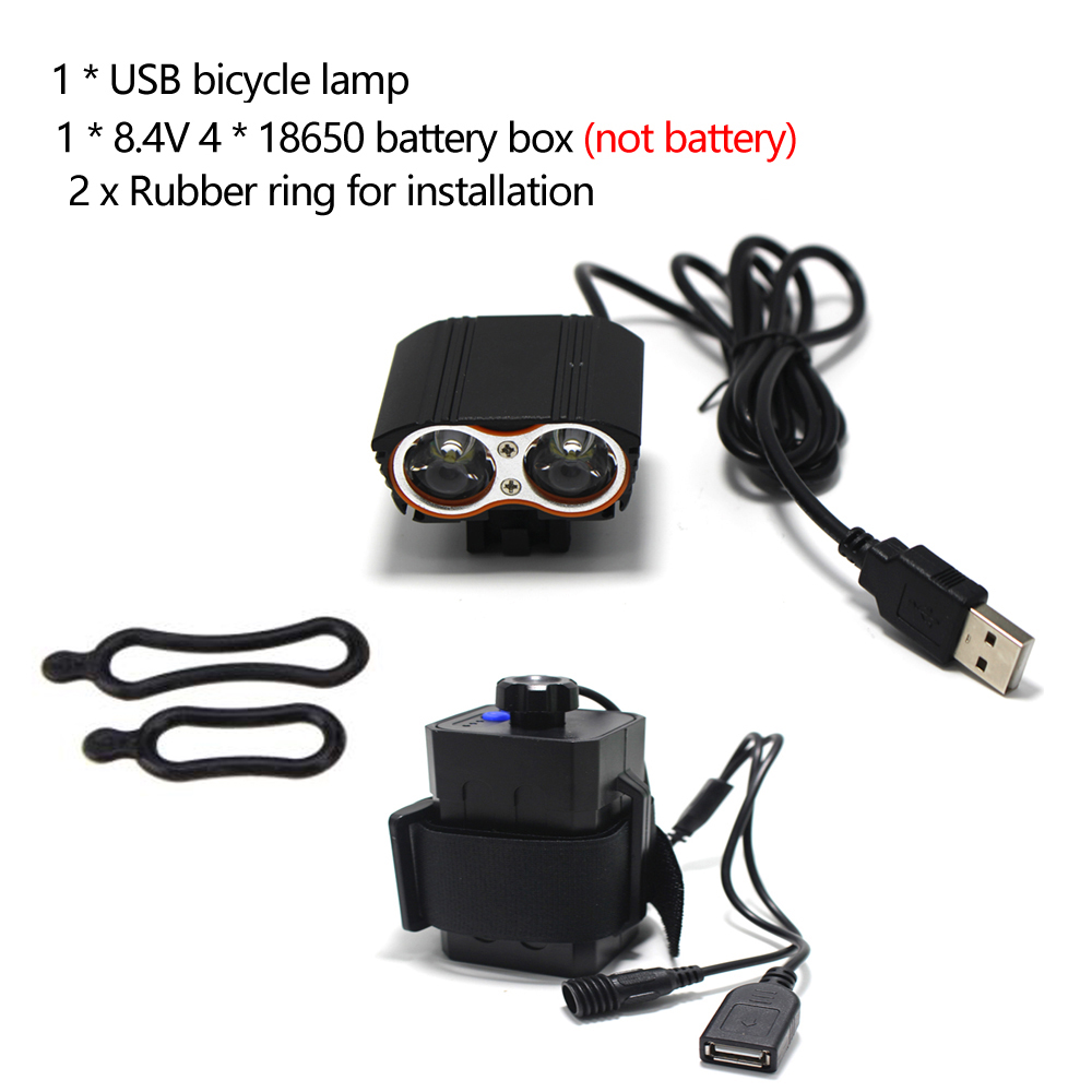 Vanntett sykkellykt foran, 4- modus lommelykt, usb-sykkellykt, 2*t6 lommelykter, kun lampe,  +8.4 v batteriboks: Foranderlig