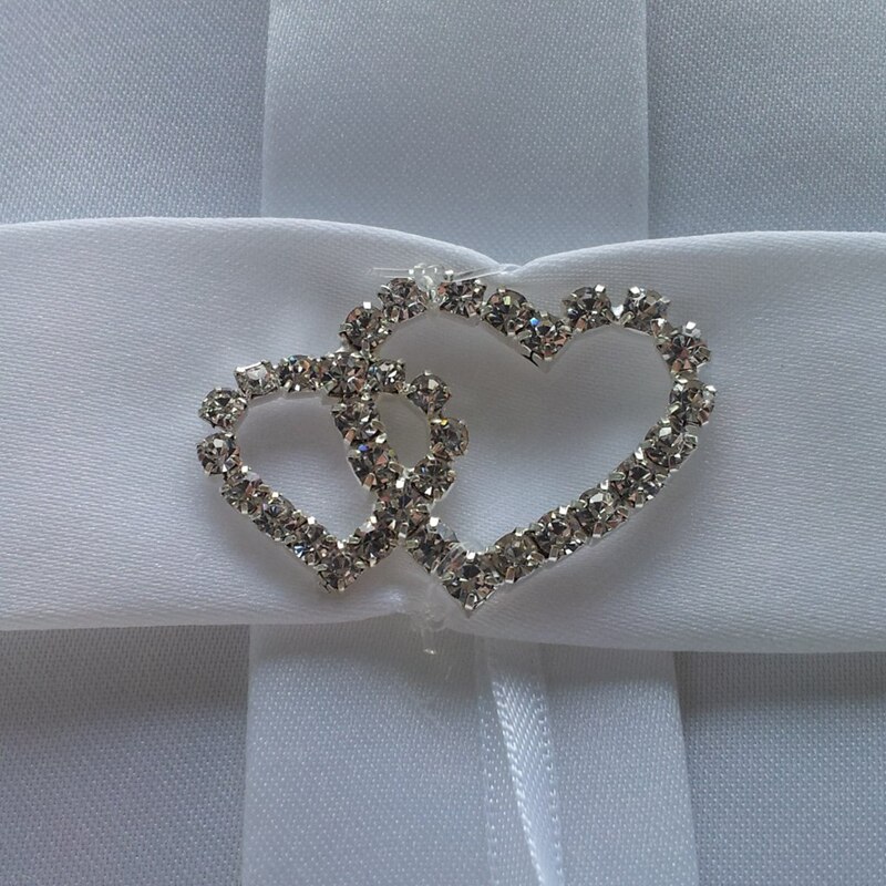 White Double Heart Diamante Ring Pillow Wedding Ring Bearer Cushion