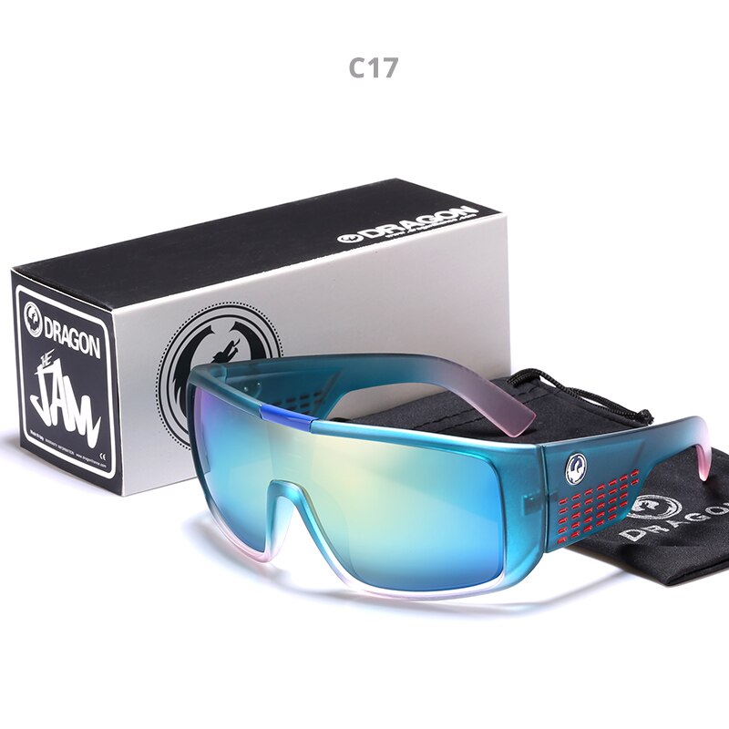 Windproof Mirrored lens Men Dragon DOMO Driving Fishing Sun glasses Square Glasses For Men UV400 Summer Shades Eyewear: C17 / With case